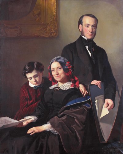 Fru A J Schmidt-Keiser, enke efter maleren Willem Hendrik Schmidt (1809-49), Jacob Spoels lærer, med sin bror J N Keiser og sin tiårige søn. af Jacob Spoel