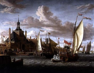 En yacht fra Zeeland States skyder salut ud for Dude Hoofdpoort, Rotterdam (olie på lærred) af Jacob Storck