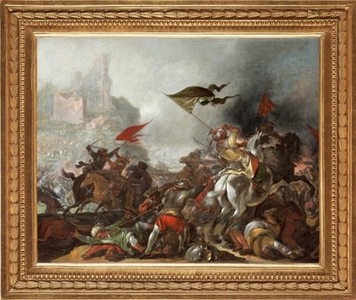 Kamp mellem tyrkere og kristne under den osmanniske hærs erobring af Konstantinopel i 1453 - Maleri af Jacob Matthias Weyer (1620-1670), olie på træ (39x49 cm) - Den tyrkiske krig, Olie på træ af Jacob Matthias Weyer - Privat samling af Jacob Weyer