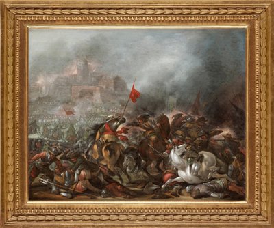 Kamp mellem tyrkere og kristne under den osmanniske hærs erobring af Konstantinopel i 1453 - Maleri af Jacob Matthias Weyer (1620-1670), olie på træ (39x49 cm) - Den tyrkiske krig, Olie på træ af Jacob Matthias Weyer - Privat samling af Jacob Weyer