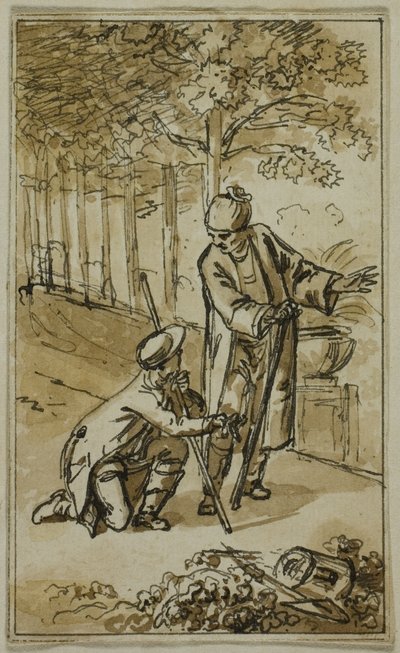Litterær illustration: Gentleman og knælende gartner af Jacob Wilhelm Mechau
