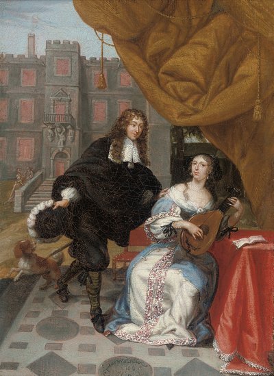 En herre, der bejler til en dame, der laver musik i en gårdhave, 1668 af Jacob de Fourmentrou