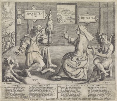 Allegori med personificeringer af den gode hensigt (Bona Intentio) og uenigheden (Discordia) af Jacob de Gheyn (I) (circle of)