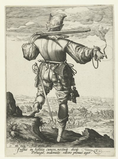 Musketer (harquebusier?) med hjelm på Officerer og soldater (serietitel) af Jacob de Gheyn (II)