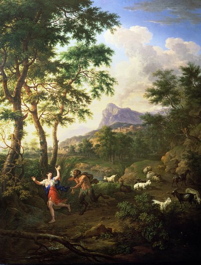 Et arkadisk landskab med Pan og Syrinx af Jacob de Heusch