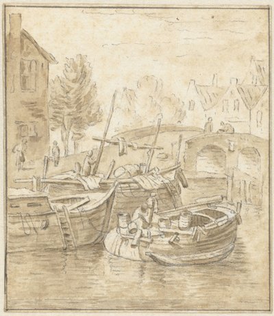 Skibe ved en bro i en by af Jacob de Vos