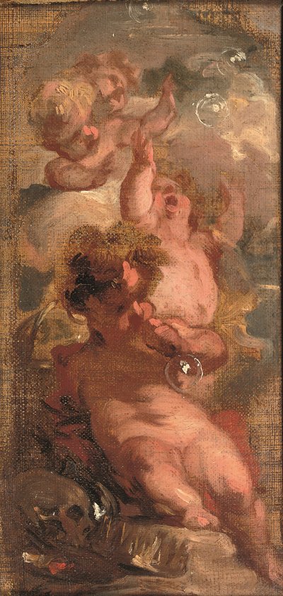 An Allegory of Vanitas: Fire putti, der blæser bobler, et kranium, en kunstners palet og en krone i nærheden (olie på lærred lagt ned på panelet) af Jacob de Wit