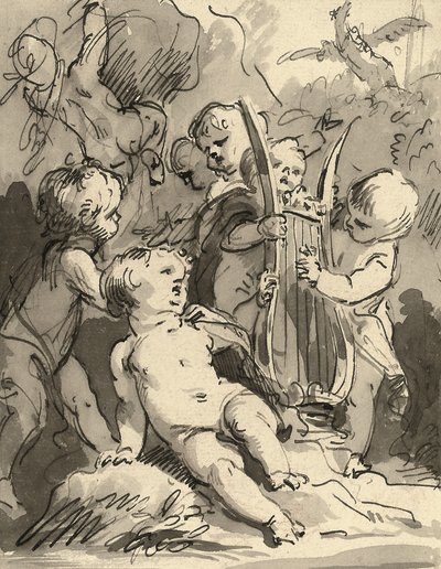 Putti spiller en lyre (rødt kridt, pen og sort blæk og grå vask) af Jacob de Wit