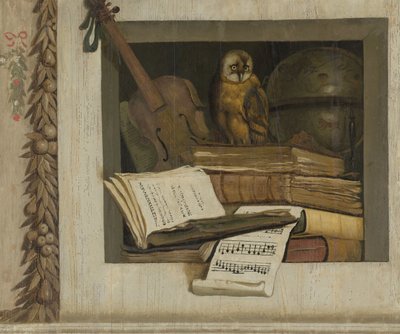 Stilleben med bøger, noder, violin, himmelglob og en ugle af Jacob van Campen