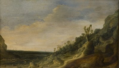 Bjerglandskab med udsigt over en flod og havet af Jacob van Geel