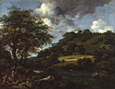 Et bakket landskab med høje egetræer af Jacob van Ruisdael