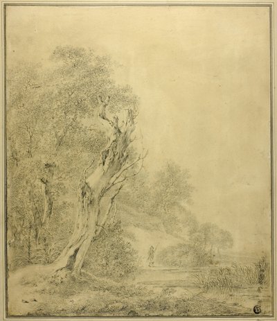 Dødt træ ved vandkanten, figur nærmer sig med pæl af Jacob van Ruisdael