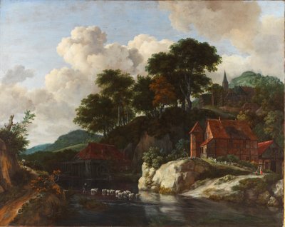 Bakket landskab med vandmølle af Jacob van Ruisdael