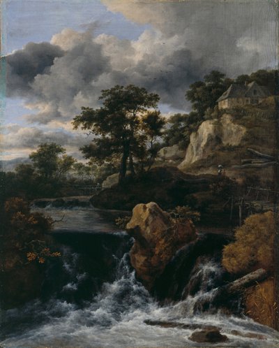 Bakket landskab med et vandfald af Jacob van Ruisdael