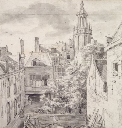 Udsigt over gården til House of the Archers of the St. Sebastian Guild på Singel i Amsterdam (blyant og vask på papir) af Jacob van Ruisdael