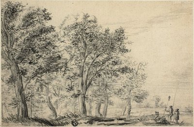 Skovklædt flodlandskab med tre personer, der fisker af Jacob van Ruisdael