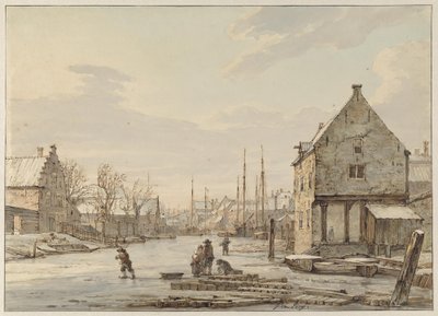 Udsigt ved bymuren i Dordrecht om vinteren af Jacob van Strij