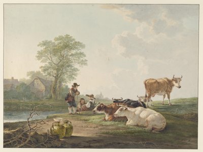 Landfolk ved hvilende kvæg i et hollandsk landskab af Jacob van Strij