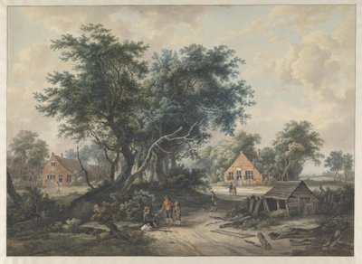 Efter Hobbema. Bondehuse ved høje træer af Jacob van Strij