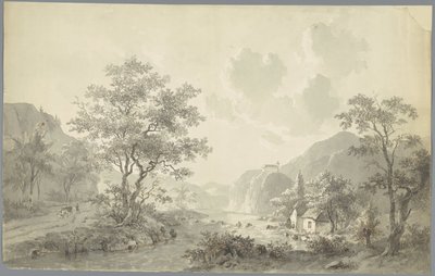 Vandfald ved en sø i et bjerglandskab af Jacob van Strij