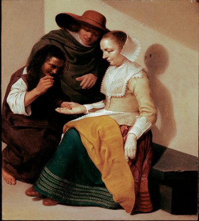 Spåkonen Maleri af Jacob Van Velsen (efter 1625-c. 1656) 1631 Søn. 26x23 cm Paris, musee du Louvre - Spåkonen, af Jacob Van Velsen (efter 1625-c.1656). Olie på kobber, 26 x 23 cm af Jacob van Velsen