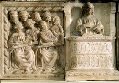 Begravelsesmonument for Carlo, Roberto og Riccardo da Saliceto: studerende, der deltager i et kursus (skulptur, ca. 1403) af Jacobello and Pier Paolo dalle Masegne