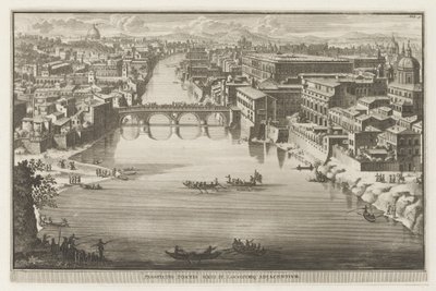 Udsigt over Rom med Ponte Sisto over floden Tiberen Prospekt Pontis Sixti IV locorumq adjadentium (titel på objektet) Udsigt over Rom (serietitel) La Galerie agreable du mond (...) divisée en LXVI tomes...Cette partie comprend le Rome moderne af Jacobus Baptist