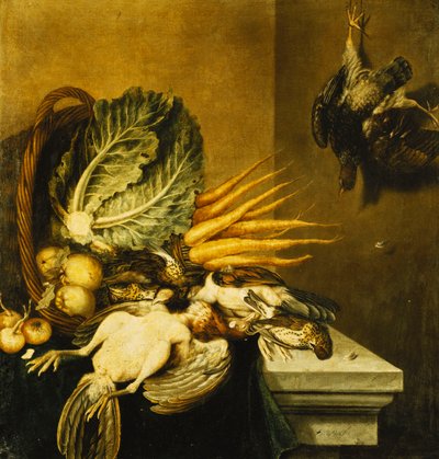 En væltet kurv med høns, majroer, æbler, løg og en kål på en afsats draperet med et grønt klæde, af Jacobus Biltius