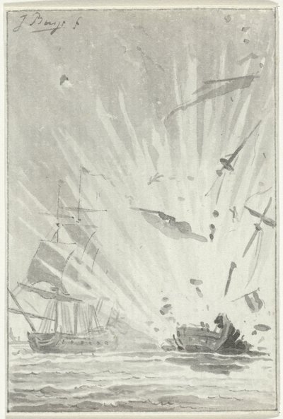 Eksplosion af den hollandske kaper De Dappere Patriot i kamp med det engelske skib Kameleon, 14. august 1781 af Jacobus Buys