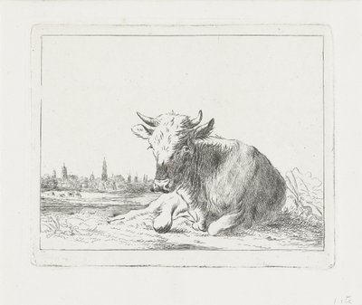 Tilbagelænet ko, i baggrunden en by af Jacobus Cornelis Gaal