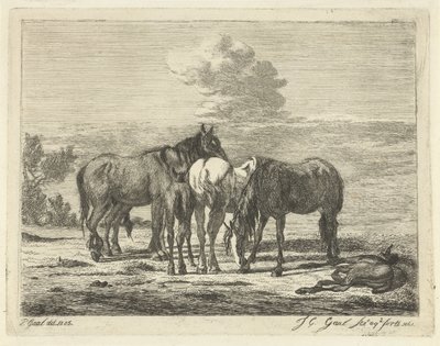 Fire heste og to føl af Jacobus Cornelis Gaal