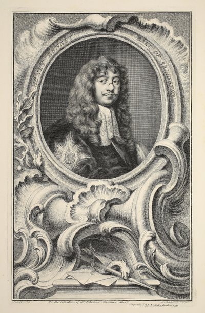 Portræt af Henry Bennet, jarl af Arlington, illustration fra "Heads of Illustrious Persons of Great Britain", udgivet af Knapton, London 1742 af Jacobus Houbraken