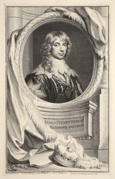 Portræt af James Stuart, hertug af Richmond og Lennox, illustration fra "Heads of Illustrious Persons of Great Britain", udgivet af Knapton, London 1742 af Jacobus Houbraken