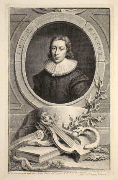 Portræt af John Milton, illustration fra "Heads of Illustrious Persons of Great Britain", udgivet af Knapton, London 1742 af Jacobus Houbraken