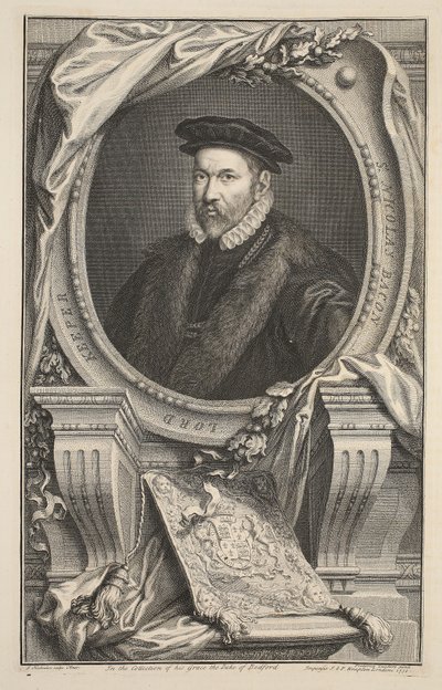 Portræt af Nicholas Bacon, illustration fra "Heads of Illustrious Persons of Great Britain", udgivet af Knapton, London 1742 af Jacobus Houbraken