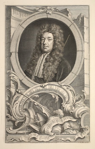 Portræt af Sidney, jarl af Godolphin, illustration fra "Heads of Illustrious Persons of Great Britain", udgivet af Knapton, London 1742 af Jacobus Houbraken