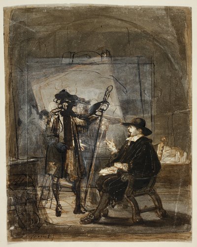 Dr. Nicholas Tulp i Rembrandts atelier (recto); Scene fra Rembrandts liv () (verso) af Jacobus Ludovicus Cornet