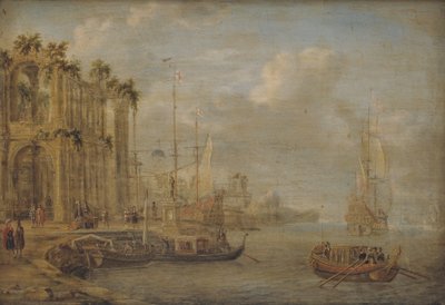 Havnescene med antikke ruiner af Jacobus Storck