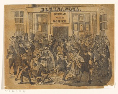 Mængde foran en boghandel for at få De Komiek af Jacobus Wilhelmus Adrianus Hilverdink (possibly)