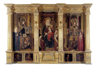 Altertavlen af Sankt Ildefonso (død 667, biskop af Tolede) og Sankt Augustin af Hippo (ca. 354-430, berberfilosof og forfatter). Maleri af Jaume Baco dit Jacomart (1410-1461). Olie på træ, ca. 1450, renæssancekunst. Cathedrale Sainte Marie la Seu af Jacomart (c.1413-61) Baco