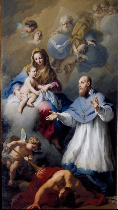 Jomfru og barn med Saint Francois-de-Sales (1567-1622), eveque for Genève Repræsentation af den hellige treenighed med Jesus Kristus, Gud og Helligåndens due. Maleri af Jacopo Amigoni (1675-1752) 1743 Venedig, Santa Maria della Fava-kirken af Jacopo Amigoni