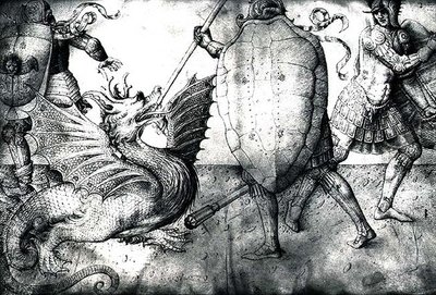 Krigere, der kæmper mod en drage, ca. 1450 (blæk på vellum) af Jacopo Bellini