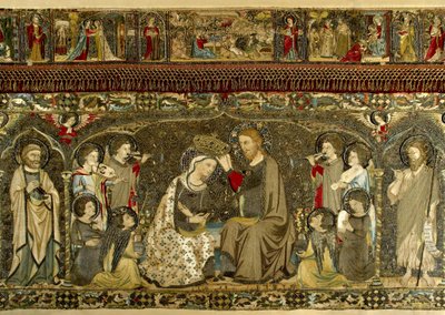 Jomfruens kroning mellem otte engle og fjorten hellige (kirkeligt broderi) af Cambi, Jacopo (aktiv ca 1336) af Jacopo Cambi