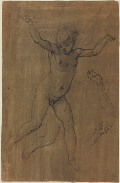 An Angel in Flight, ca. 1594 (sort kridt og grafit på brunt, forberedt papir) af Jacopo Chimenti Empoli