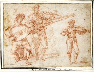 To musikere, der spiller en Chiatarrone og en violin, med et understudium af den anden musiker af Jacopo Confortini