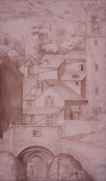 PD.53-1997 Udsigt over klosteret La Verna, indgangsporten og klokketårnet, ca. 1607-12 (vask, pen og blæk på papir) af Jacopo Ligozzi