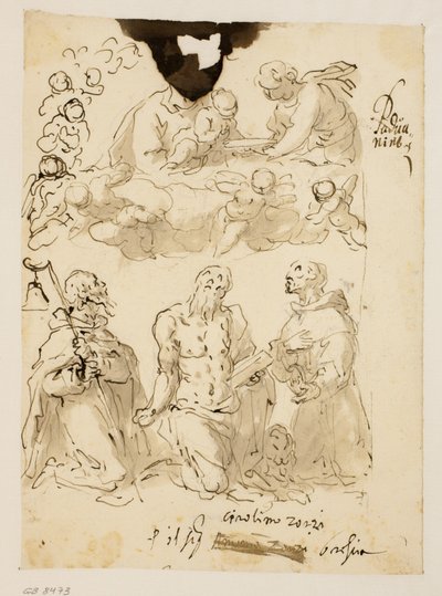 Sts Antony, Jerome og Bernardino knælende, med Jomfruen og spædbarnet Kristus omgivet af børneengle hinsides af Jacopo Palma