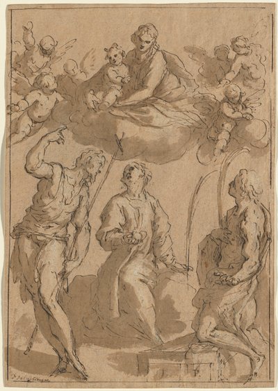 Madonna og barn i herlighed med de hellige Johannes Døberen, Stephen og Lawrence af Jacopo Palma il Giovane
