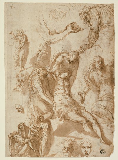 Skitser til en Klagesang og en Pietà og af forskellige Skikkelser, Hoveder og en Arm (recto); Skitser af den døde Kristus og af forskellige figurer og hoveder (verso) af Jacopo Palma il Giovane