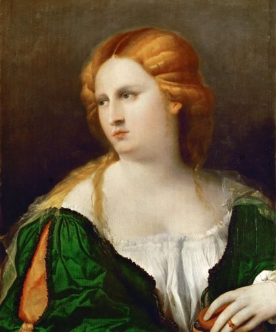 Ung kvinde i en grøn kjole, en æske i hånden, ca 1514 af Jacopo Palma il Vecchio the Elder